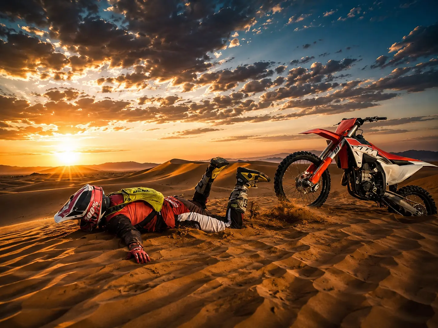 KTM dirt bike rider crossing the Lahbab red dunes in Dubai